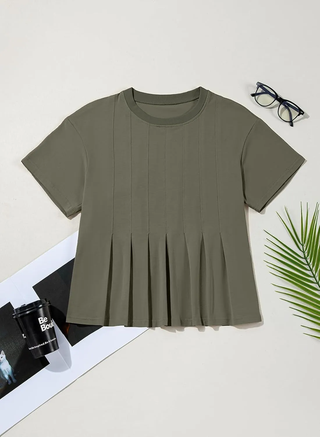 Sidefeel Womens Short Sleeve Casual Basic T Shirts Summer Round Neck Pleated Tee Tops Blouses