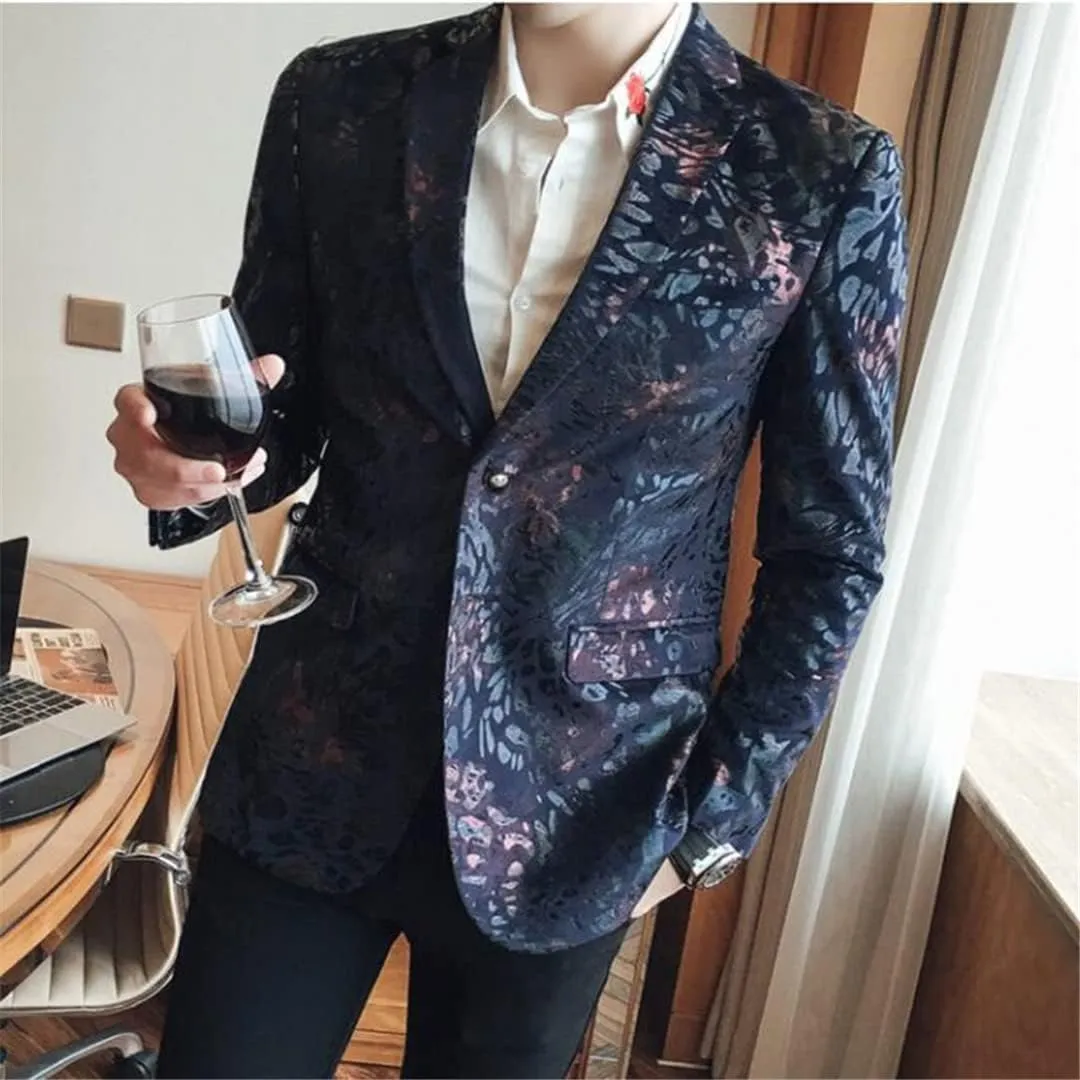 Single Button Printed Floral Blazer Men Luxury Formal Slim Fit Wedding Party Jacket Suit