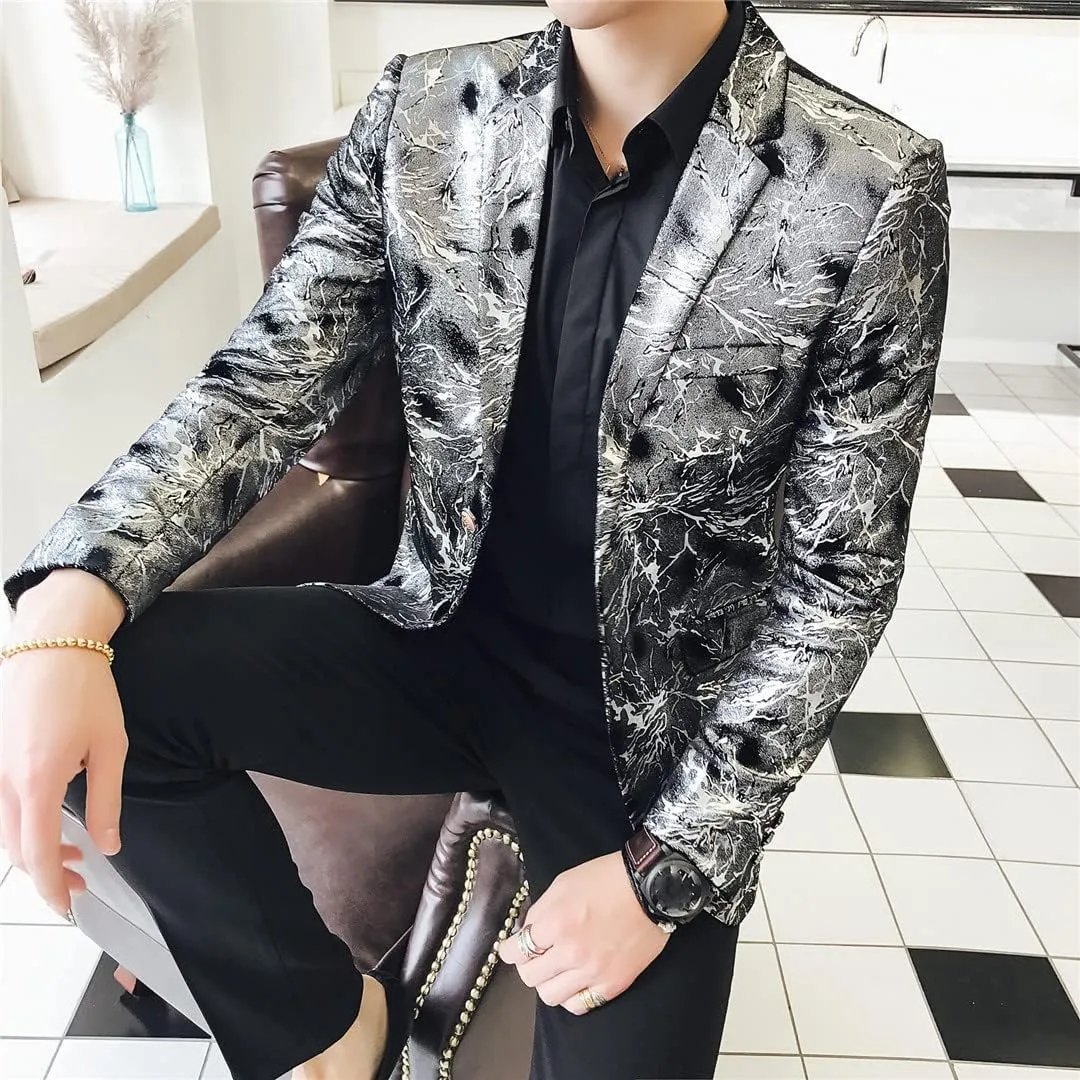 Single Button Printed Floral Blazer Men Luxury Formal Slim Fit Wedding Party Jacket Suit