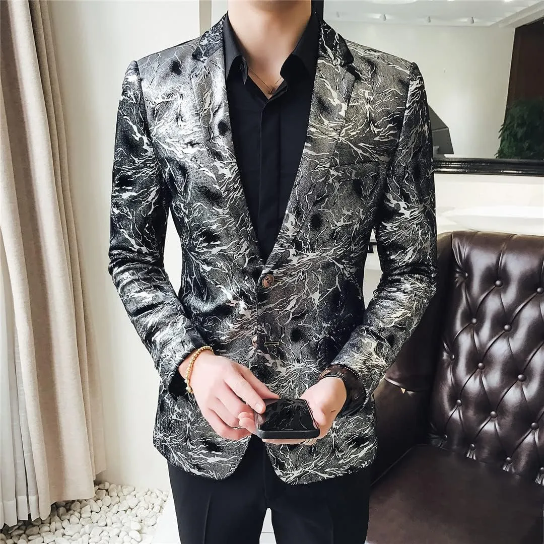 Single Button Printed Floral Blazer Men Luxury Formal Slim Fit Wedding Party Jacket Suit