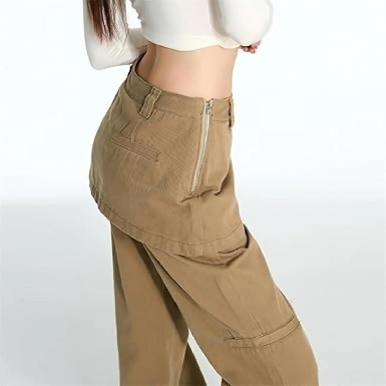 Skousers Skirts Over Trousers Y2K Cargo Pants Two Pieces Vintage Patchwork High Waist Flared Pants Hip Hop