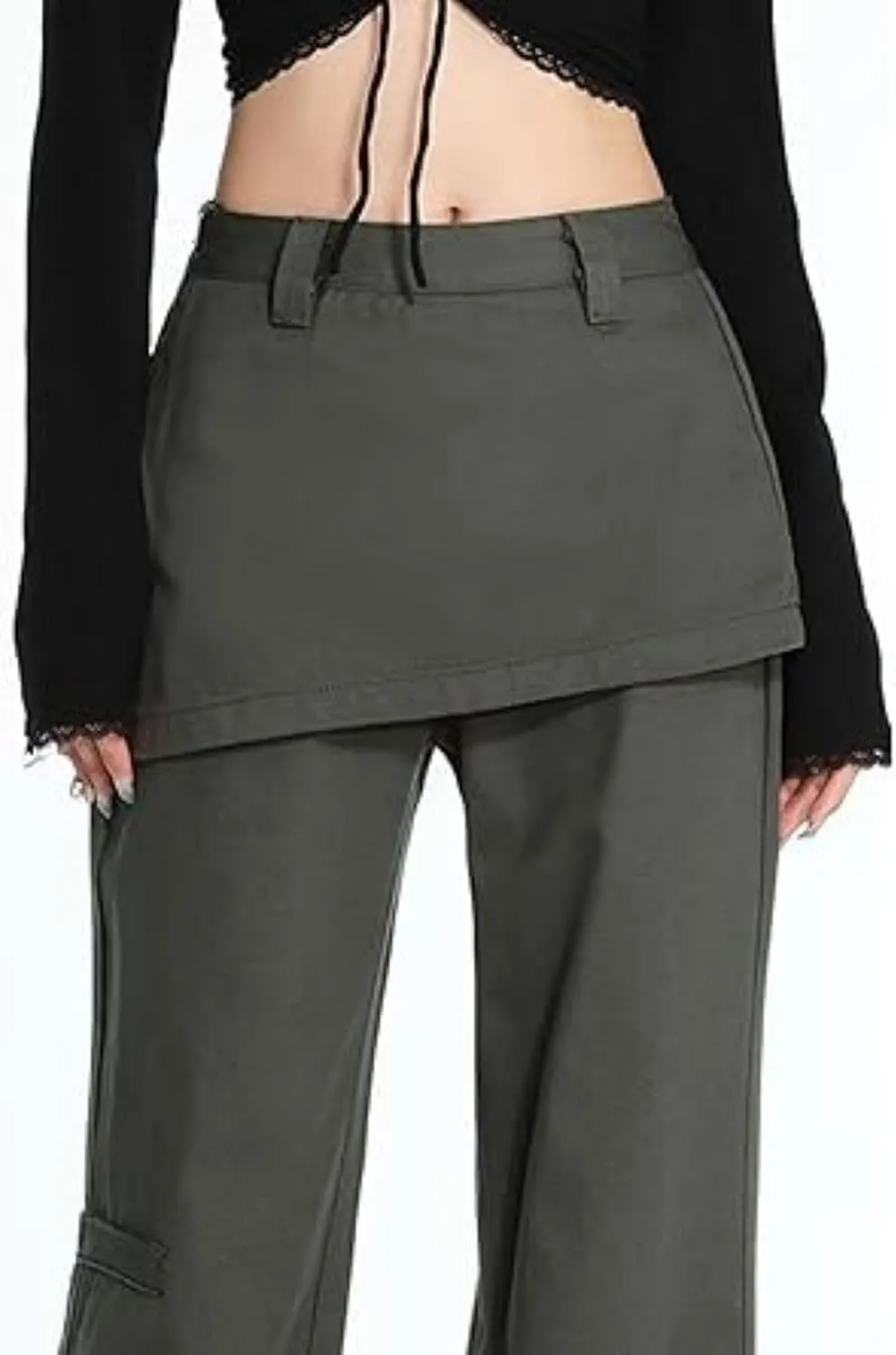 Skousers Skirts Over Trousers Y2K Cargo Pants Two Pieces Vintage Patchwork High Waist Flared Pants Hip Hop