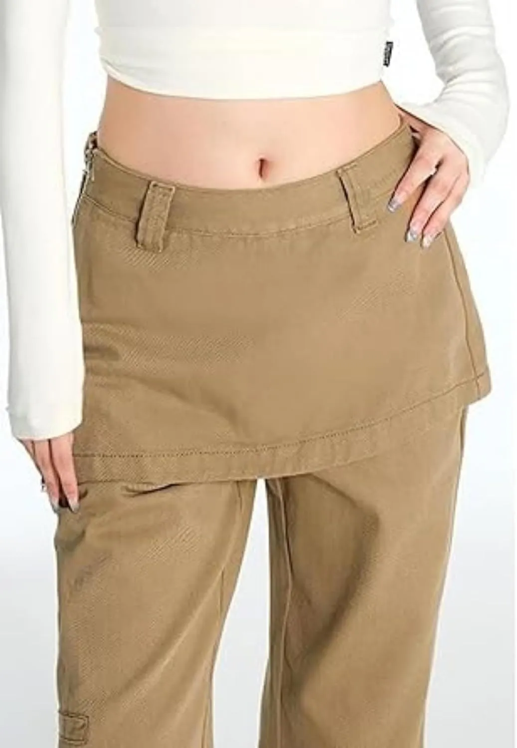 Skousers Skirts Over Trousers Y2K Cargo Pants Two Pieces Vintage Patchwork High Waist Flared Pants Hip Hop