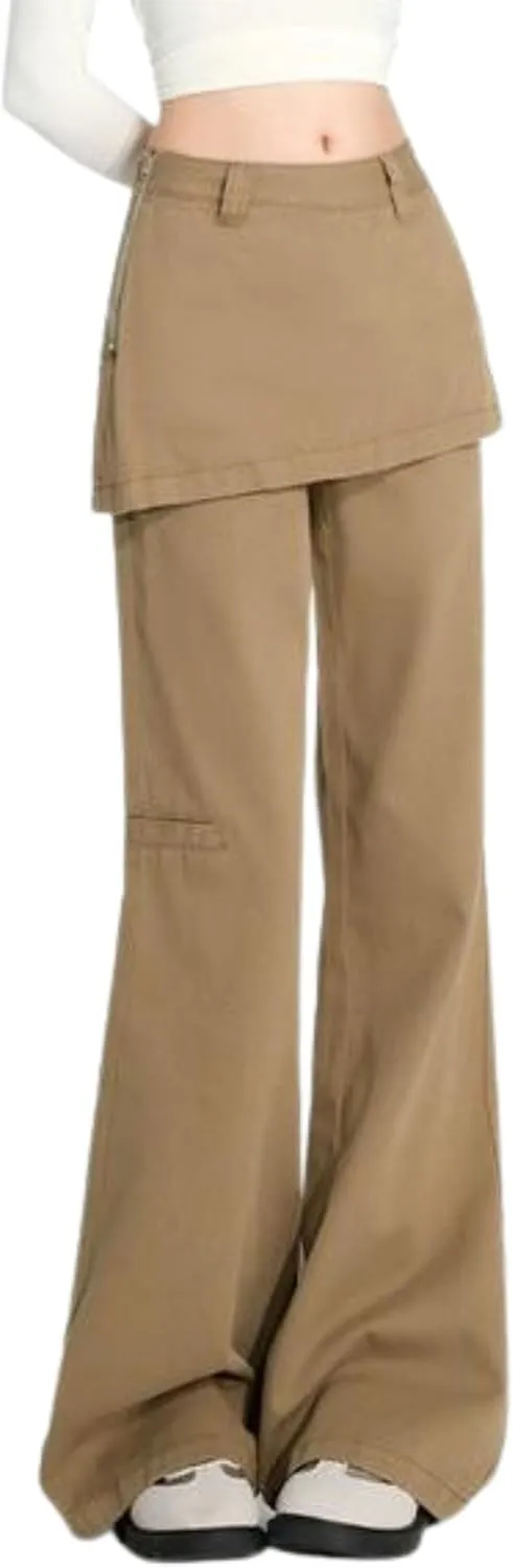 Skousers Skirts Over Trousers Y2K Cargo Pants Two Pieces Vintage Patchwork High Waist Flared Pants Hip Hop
