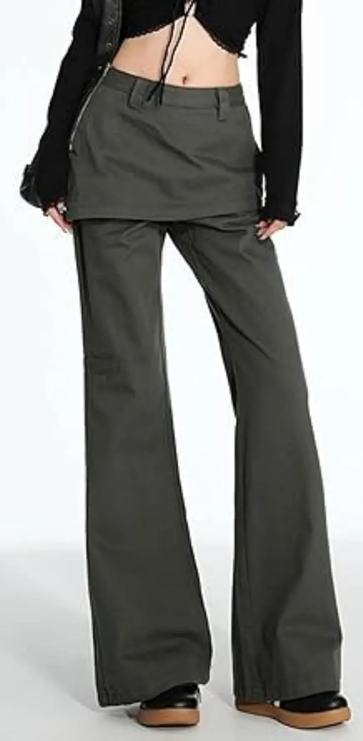 Skousers Skirts Over Trousers Y2K Cargo Pants Two Pieces Vintage Patchwork High Waist Flared Pants Hip Hop