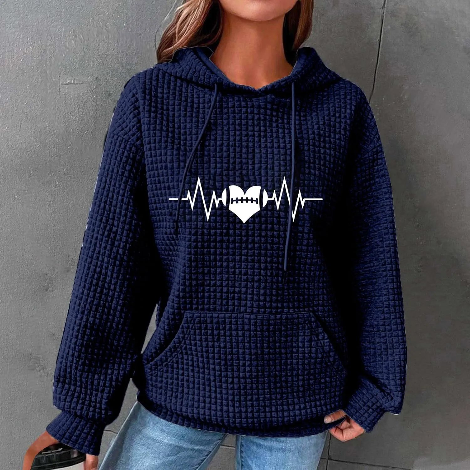 SMIDOW Cute Graphic Hoodies For Women Fall Fashion Waffle Knit Pullover Tops Oversized Love Heart Print Hooded Sweatshirts