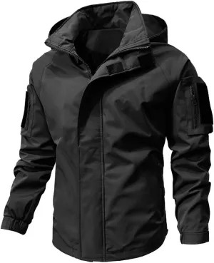 Stand Collar Zipper Hooded Windbreaker Jacket for Men Long Sleeve Windproof Coat Casual Outdoor Jacket with Pocket
