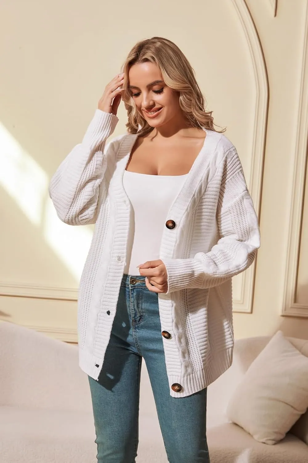 Sunfaynis Women's Oversized Cable Knit Sweaters Long Sleeve Open Front Button Down Chunky Cardigan Sweaters