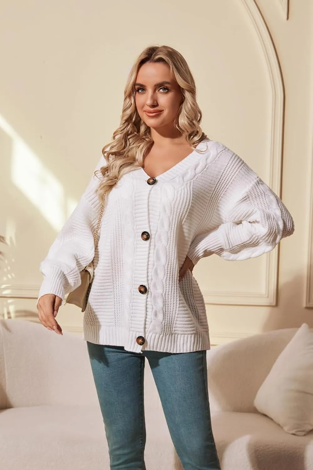 Sunfaynis Women's Oversized Cable Knit Sweaters Long Sleeve Open Front Button Down Chunky Cardigan Sweaters