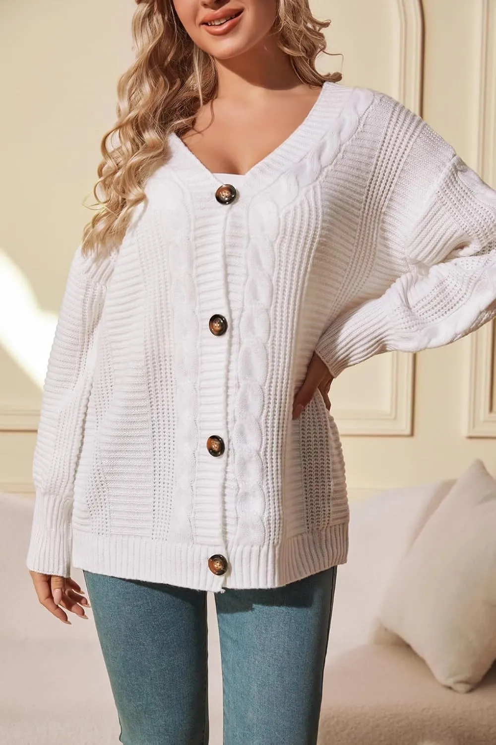 Sunfaynis Women's Oversized Cable Knit Sweaters Long Sleeve Open Front Button Down Chunky Cardigan Sweaters