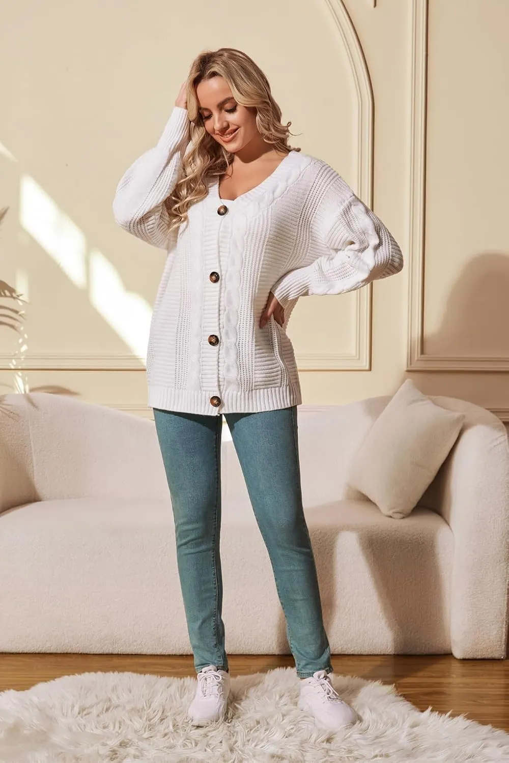 Sunfaynis Women's Oversized Cable Knit Sweaters Long Sleeve Open Front Button Down Chunky Cardigan Sweaters