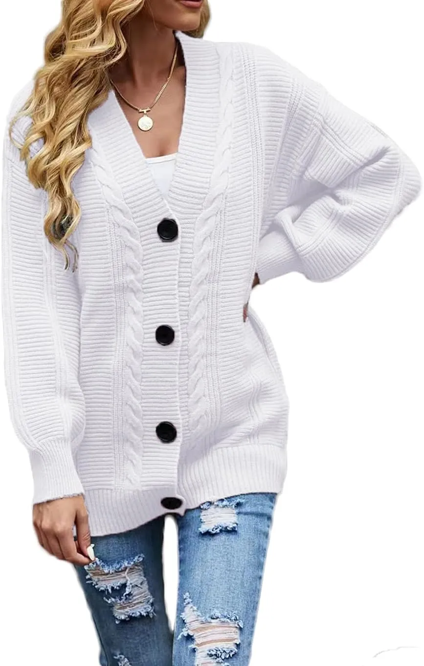 Sunfaynis Women's Oversized Cable Knit Sweaters Long Sleeve Open Front Button Down Chunky Cardigan Sweaters