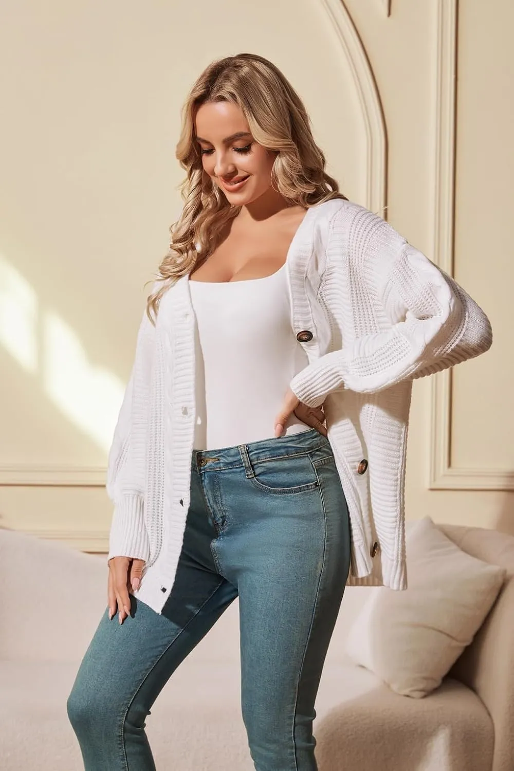 Sunfaynis Women's Oversized Cable Knit Sweaters Long Sleeve Open Front Button Down Chunky Cardigan Sweaters