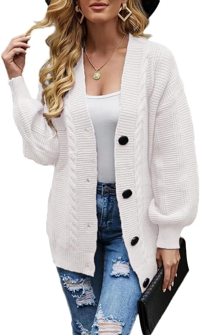Sunfaynis Women's Oversized Cable Knit Sweaters Long Sleeve Open Front Button Down Chunky Cardigan Sweaters