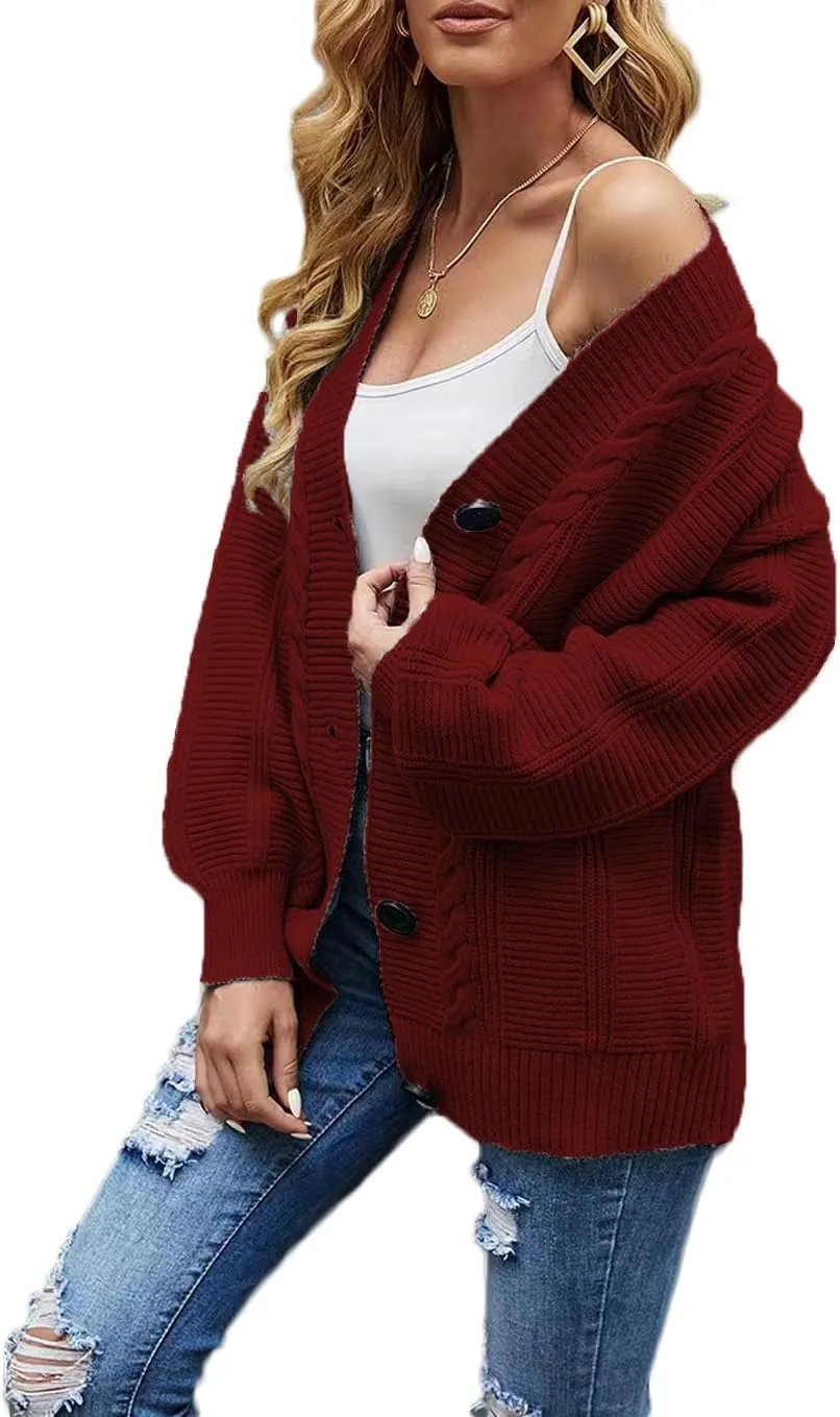 Sunfaynis Women's Oversized Cable Knit Sweaters Long Sleeve Open Front Button Down Chunky Cardigan Sweaters