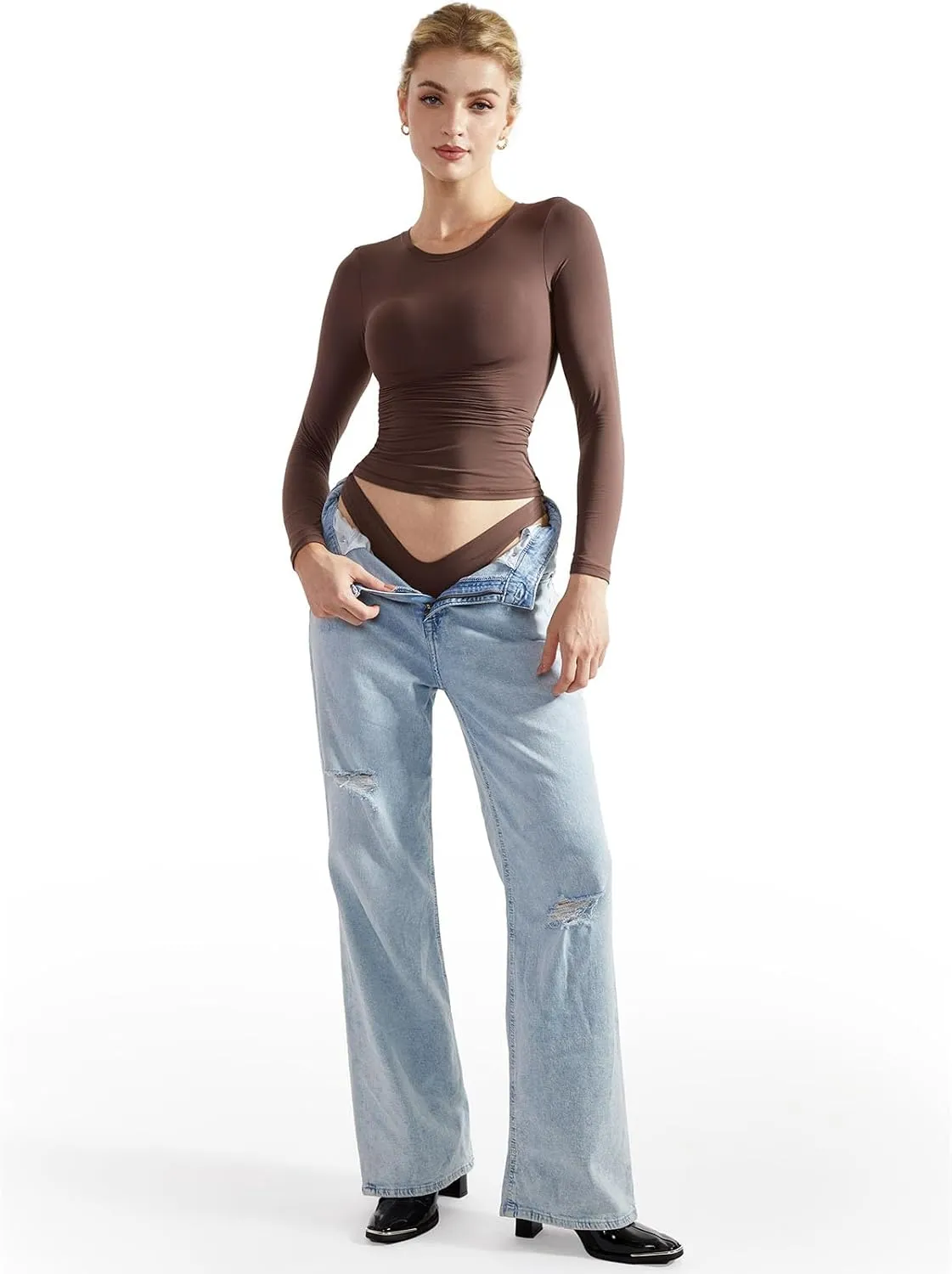 SUUKSESS Women Double Lined Fitted Basic T Shirts Crew Neck Long Sleeve Crop Top