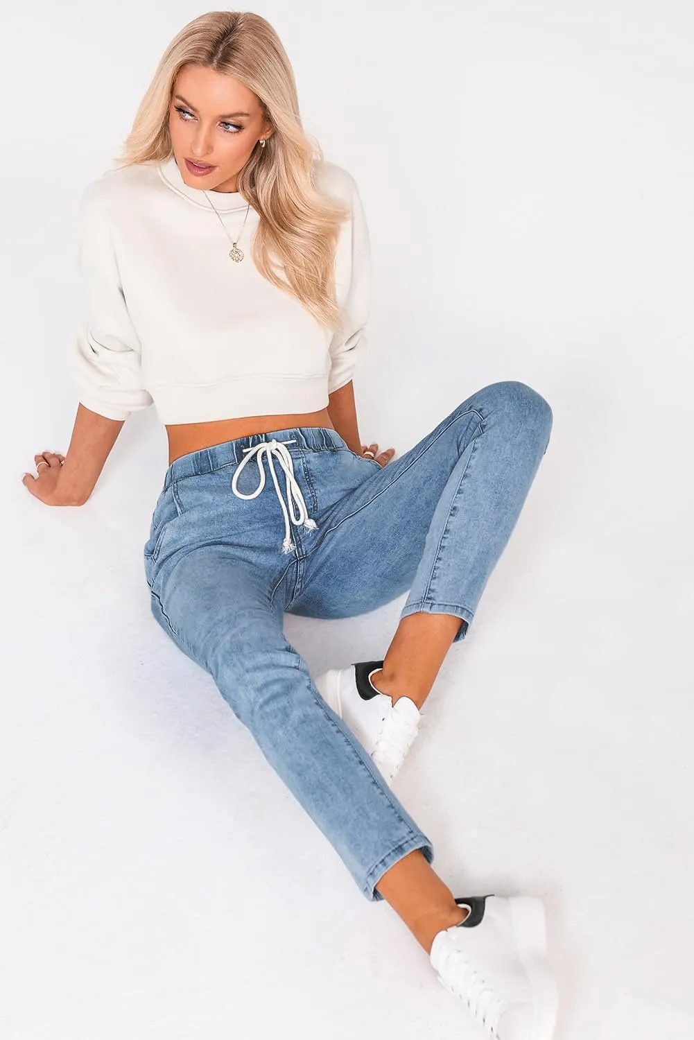Sweezarmo Women's Denim Stretch Joggers Drawstring Elastic Waist Pull On Solid Color Jeans