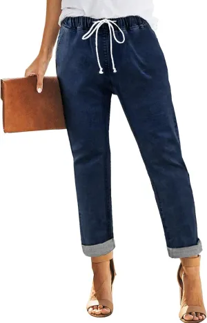 Sweezarmo Women's Denim Stretch Joggers Drawstring Elastic Waist Pull On Solid Color Jeans