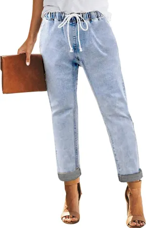 Sweezarmo Women's Denim Stretch Joggers Drawstring Elastic Waist Pull On Solid Color Jeans