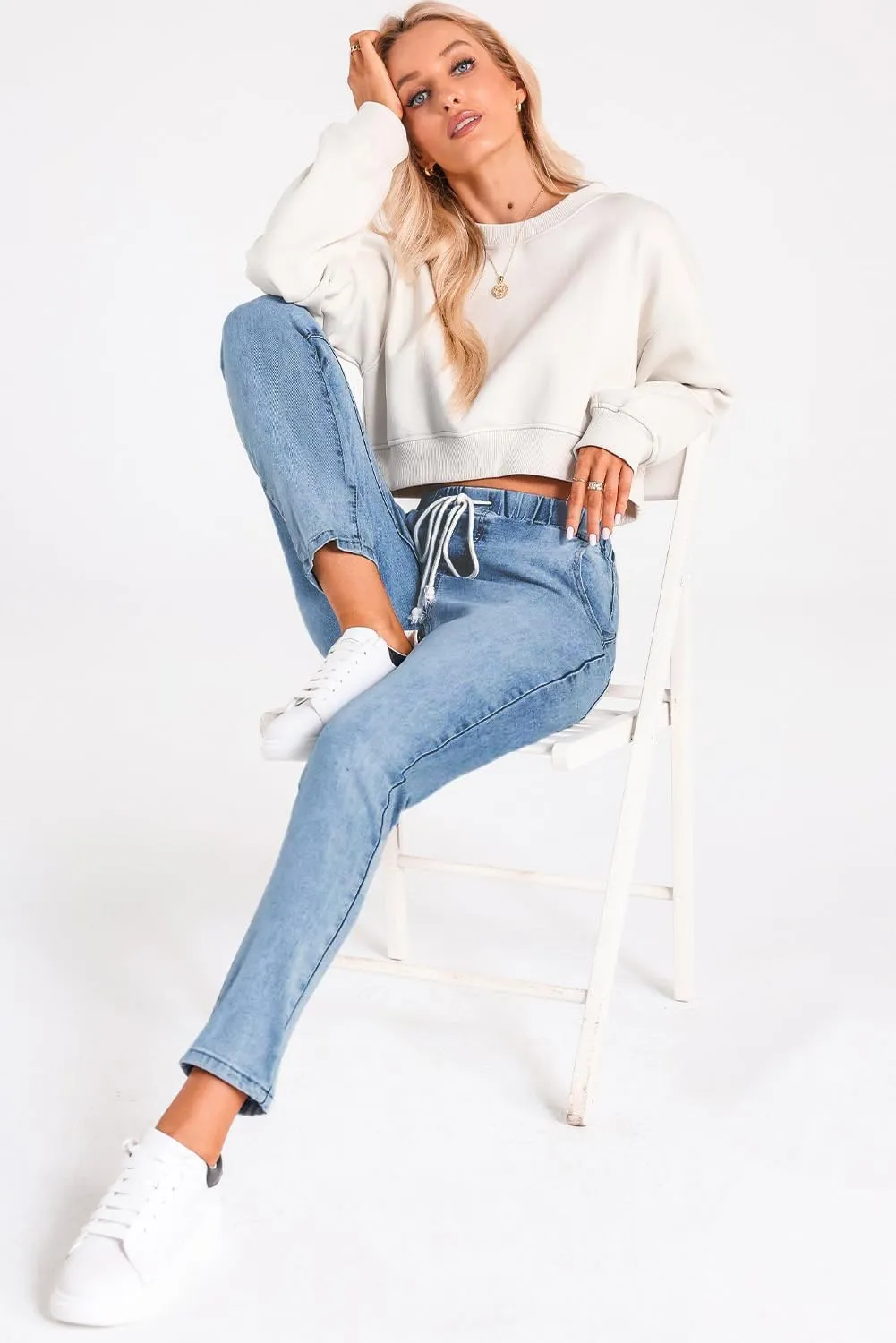 Sweezarmo Women's Denim Stretch Joggers Drawstring Elastic Waist Pull On Solid Color Jeans