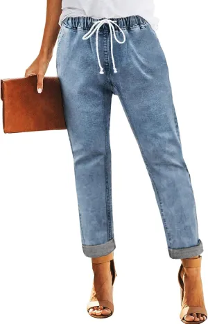 Sweezarmo Women's Denim Stretch Joggers Drawstring Elastic Waist Pull On Solid Color Jeans