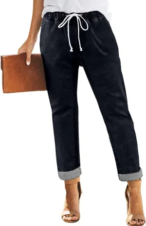 Sweezarmo Women's Pull On Solid Color Jeans Drawstring Elastic Waist Denim Stretch Joggers for Women