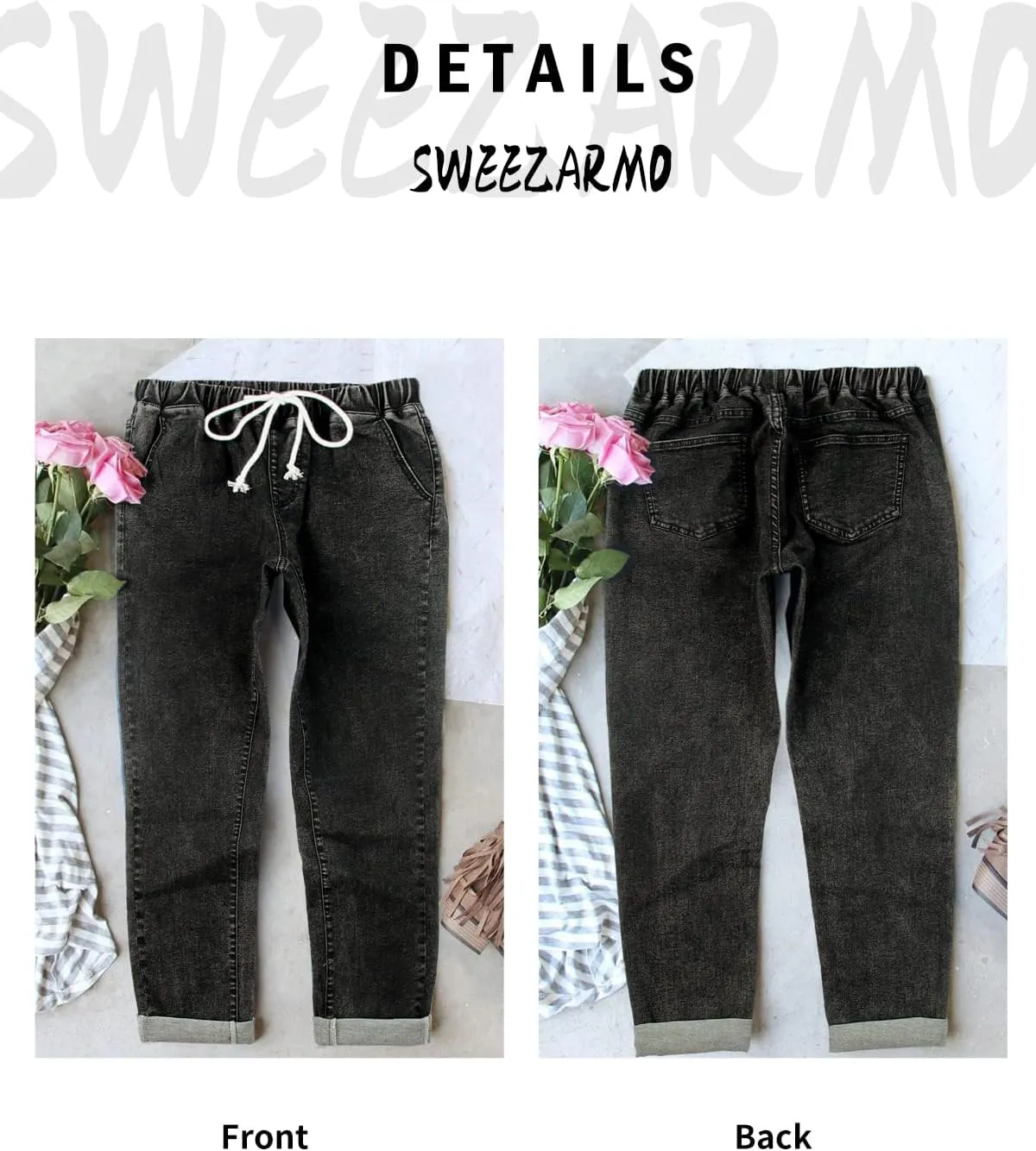 Sweezarmo Women's Pull On Solid Color Jeans Drawstring Elastic Waist Denim Stretch Joggers for Women