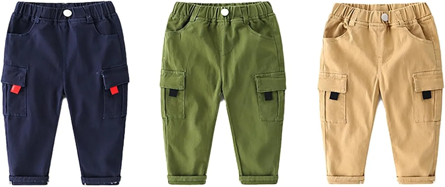 Toddler Baby Boys Cargo Pants Pull-On Elastic Waist Baggy Joggers Solid Color Twill School 𝐔niform Life Pants