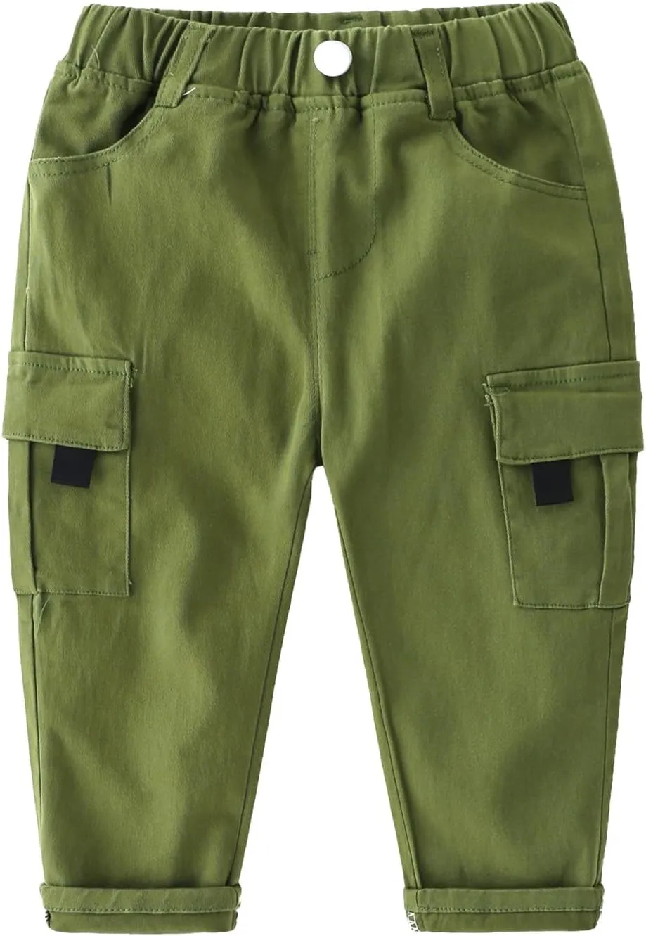 Toddler Baby Boys Cargo Pants Pull-On Elastic Waist Baggy Joggers Solid Color Twill School 𝐔niform Life Pants