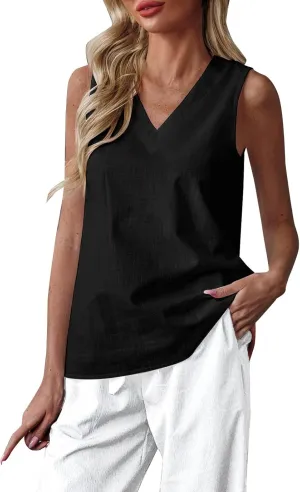 V Neck Linen Tank Tops for Women Casual Stylish Lightweight Summer Solid Breathable Loose Fit Basic T Shirts Blouses