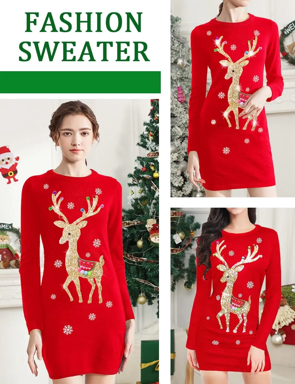 v28 Varied Ugly Christmas Sweater for Women Funny Reindeer Knit Sweaters Dress