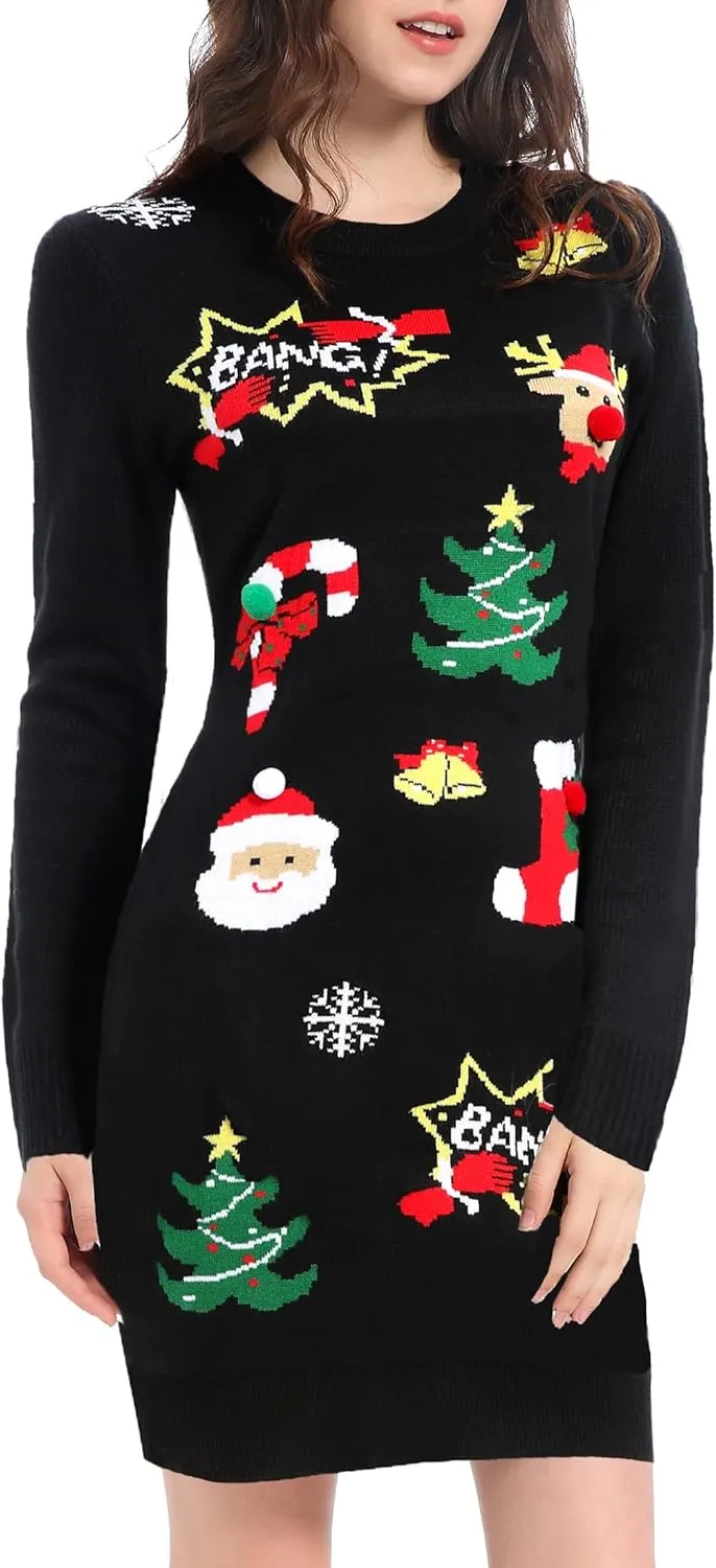 v28 Varied Ugly Christmas Sweater for Women Funny Reindeer Knit Sweaters Dress