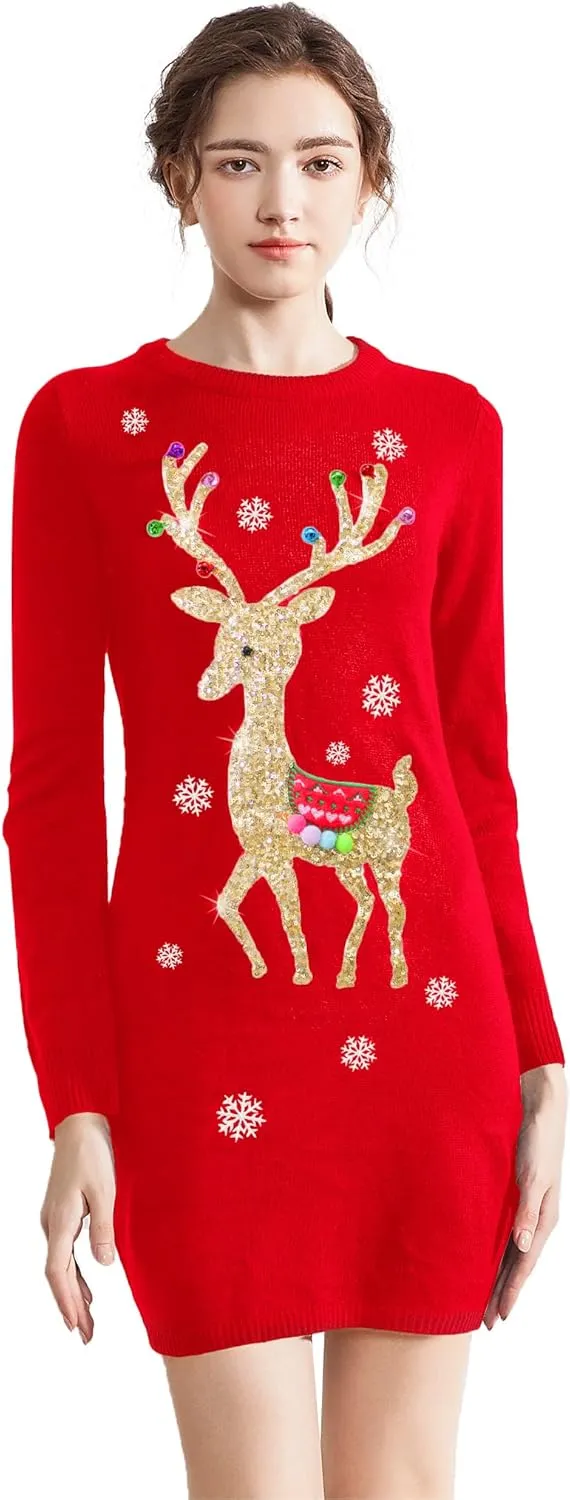 v28 Varied Ugly Christmas Sweater for Women Funny Reindeer Knit Sweaters Dress