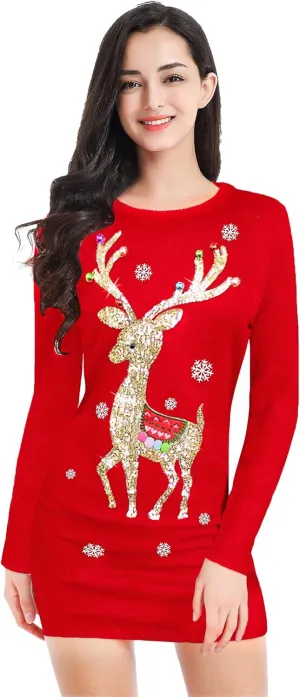 v28 Varied Ugly Christmas Sweater for Women Funny Reindeer Knit Sweaters Dress