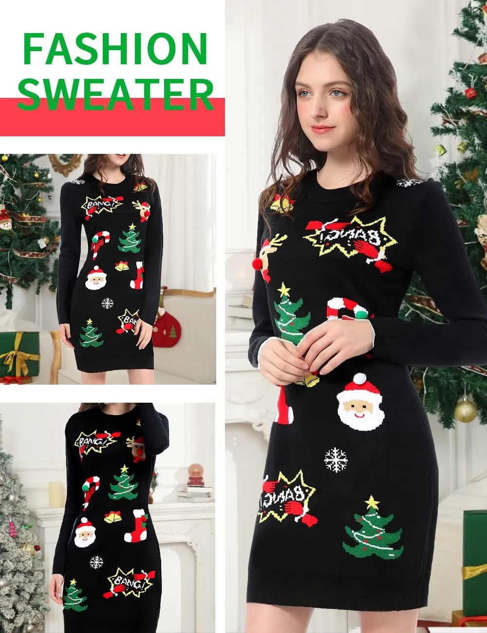 v28 Varied Ugly Christmas Sweater for Women Funny Reindeer Knit Sweaters Dress