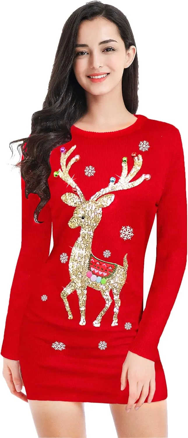 v28 Varied Ugly Christmas Sweater for Women Funny Reindeer Knit Sweaters Dress