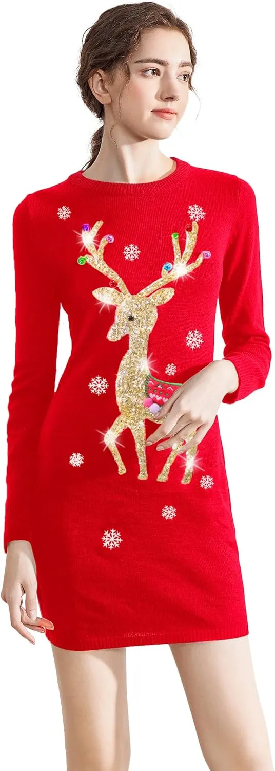 v28 Varied Ugly Christmas Sweater for Women Funny Reindeer Knit Sweaters Dress