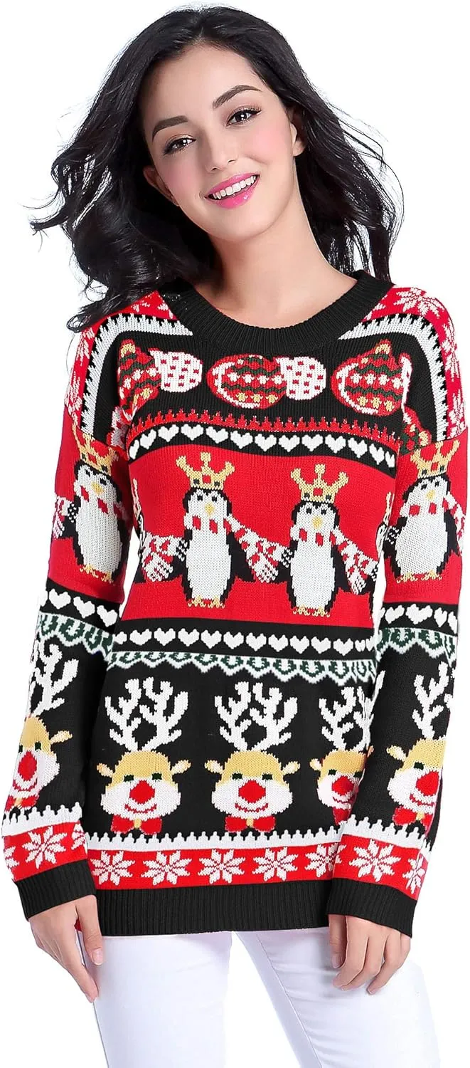 v28 Varied Ugly Christmas Sweater for Women Merry Reindeer Shirt Knit Sweaters