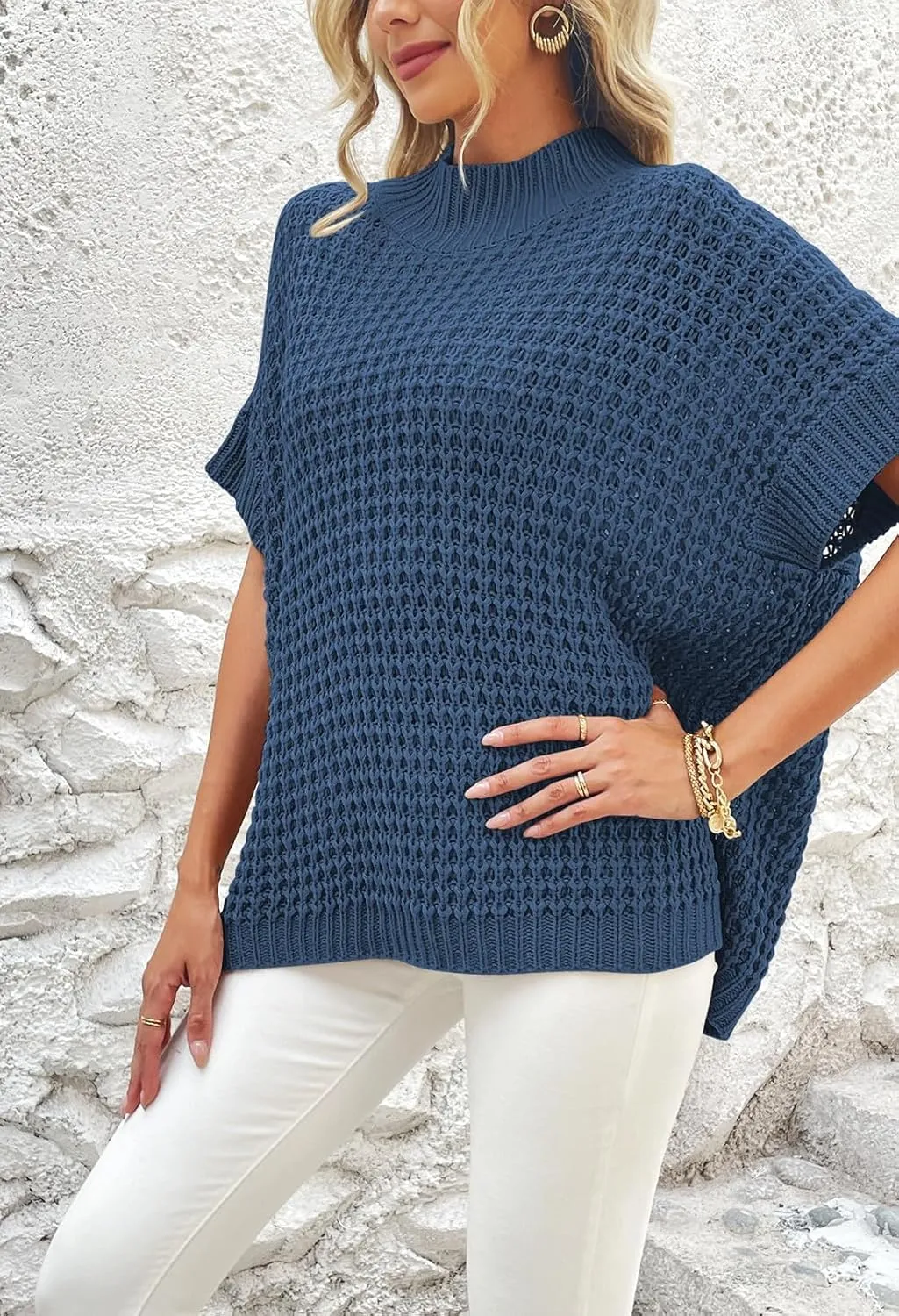 Viottiset Womens Oversized Short Batwing Sleeve Mock Neck Sweater Vest Fall Sleeveless Pullover Knit Sweaters