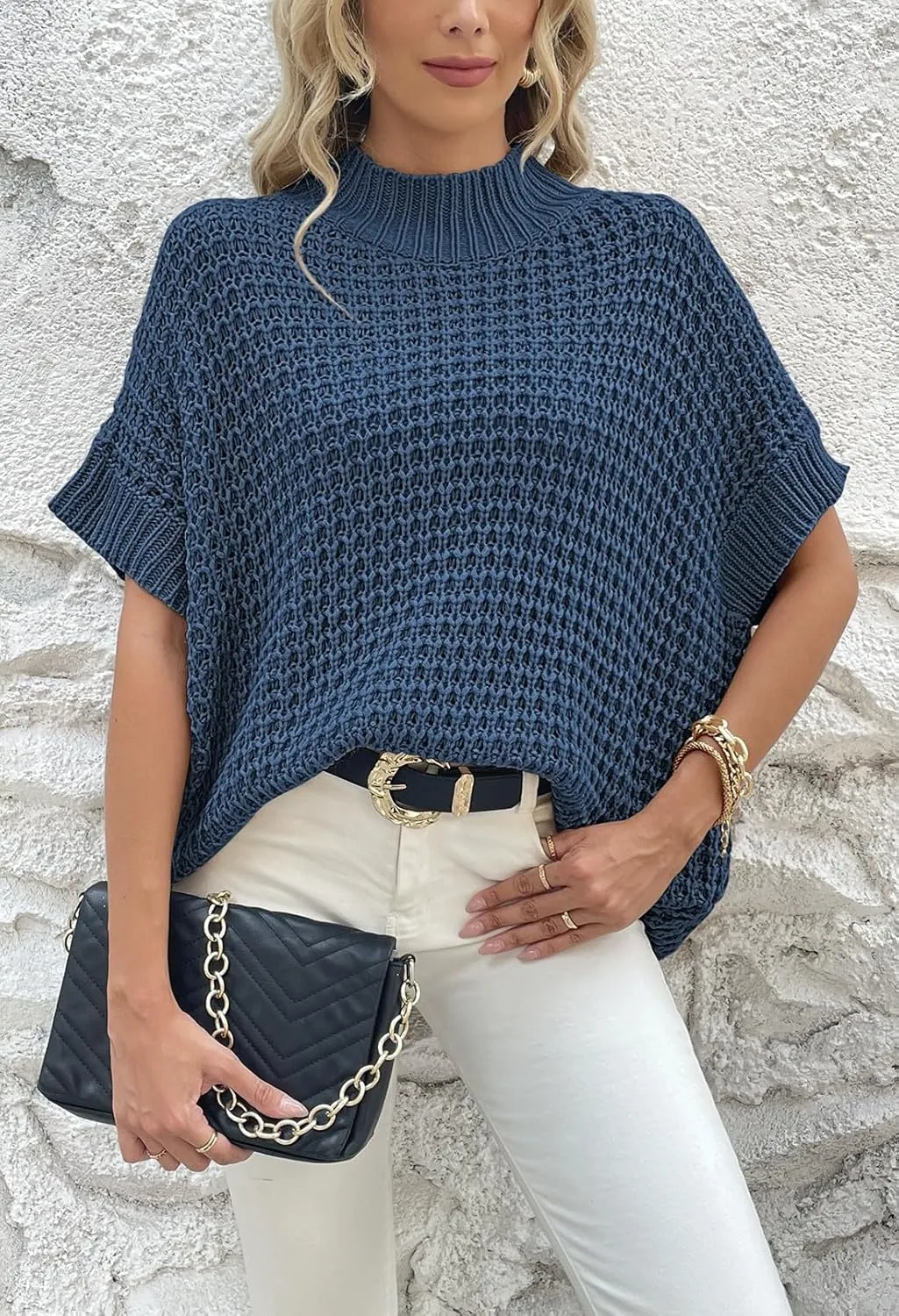 Viottiset Womens Oversized Short Batwing Sleeve Mock Neck Sweater Vest Fall Sleeveless Pullover Knit Sweaters