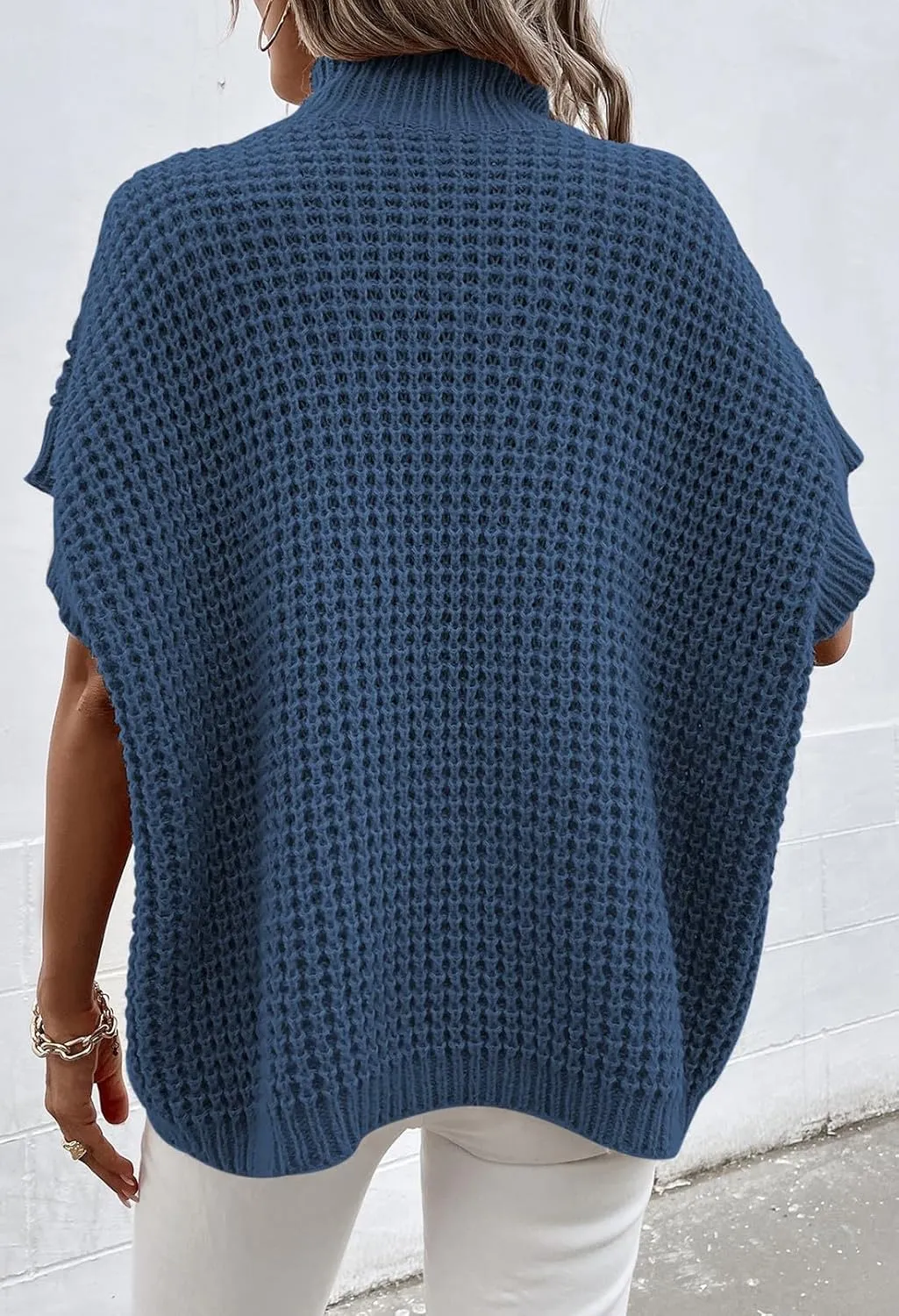 Viottiset Womens Oversized Short Batwing Sleeve Mock Neck Sweater Vest Fall Sleeveless Pullover Knit Sweaters