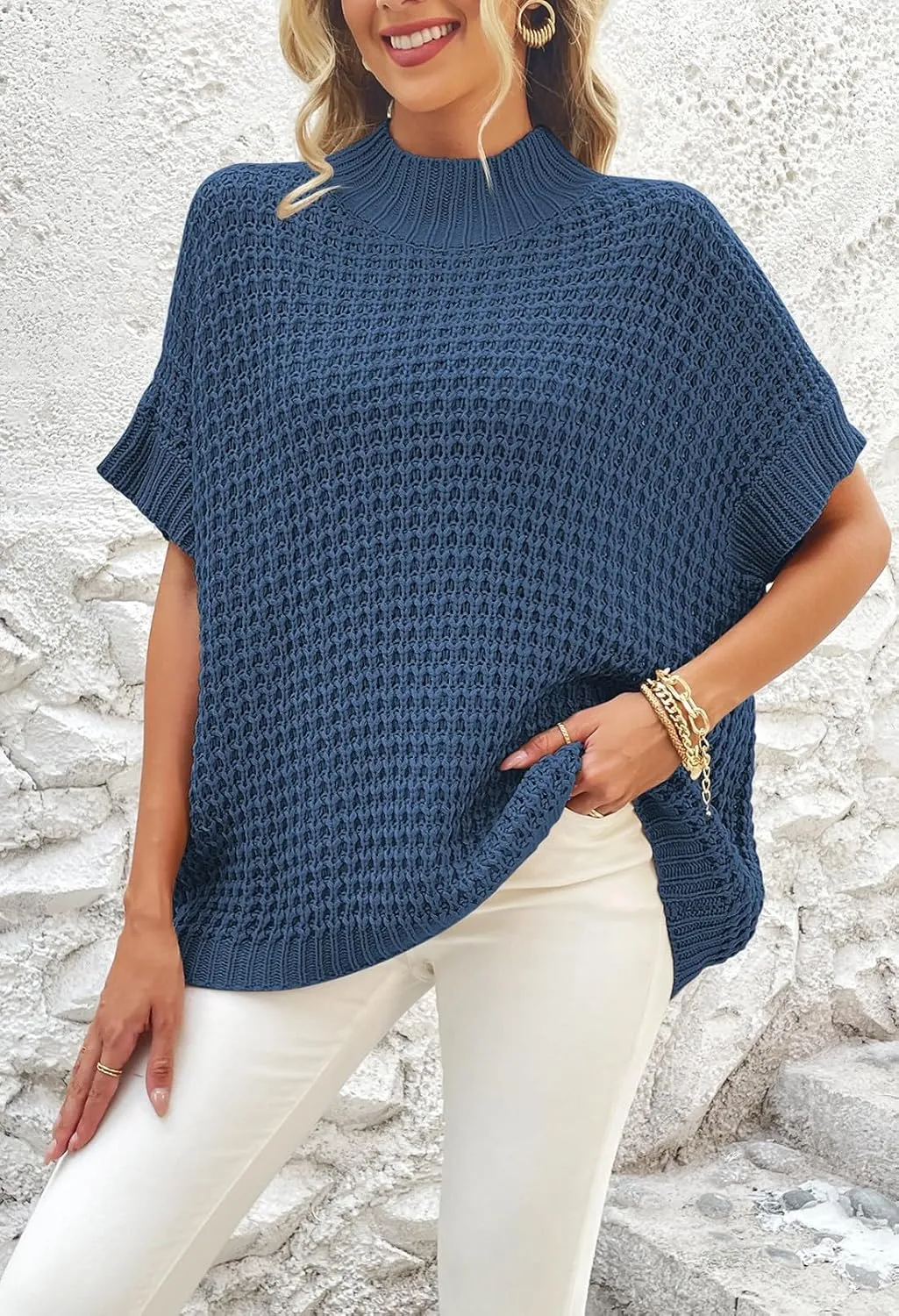 Viottiset Womens Oversized Short Batwing Sleeve Mock Neck Sweater Vest Fall Sleeveless Pullover Knit Sweaters