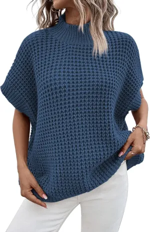 Viottiset Womens Oversized Short Batwing Sleeve Mock Neck Sweater Vest Fall Sleeveless Pullover Knit Sweaters