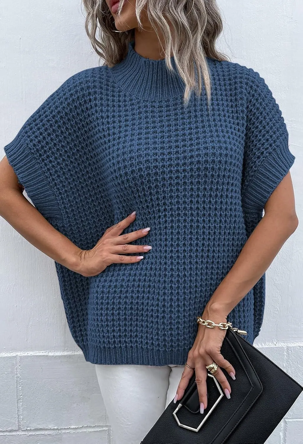 Viottiset Womens Oversized Short Batwing Sleeve Mock Neck Sweater Vest Fall Sleeveless Pullover Knit Sweaters