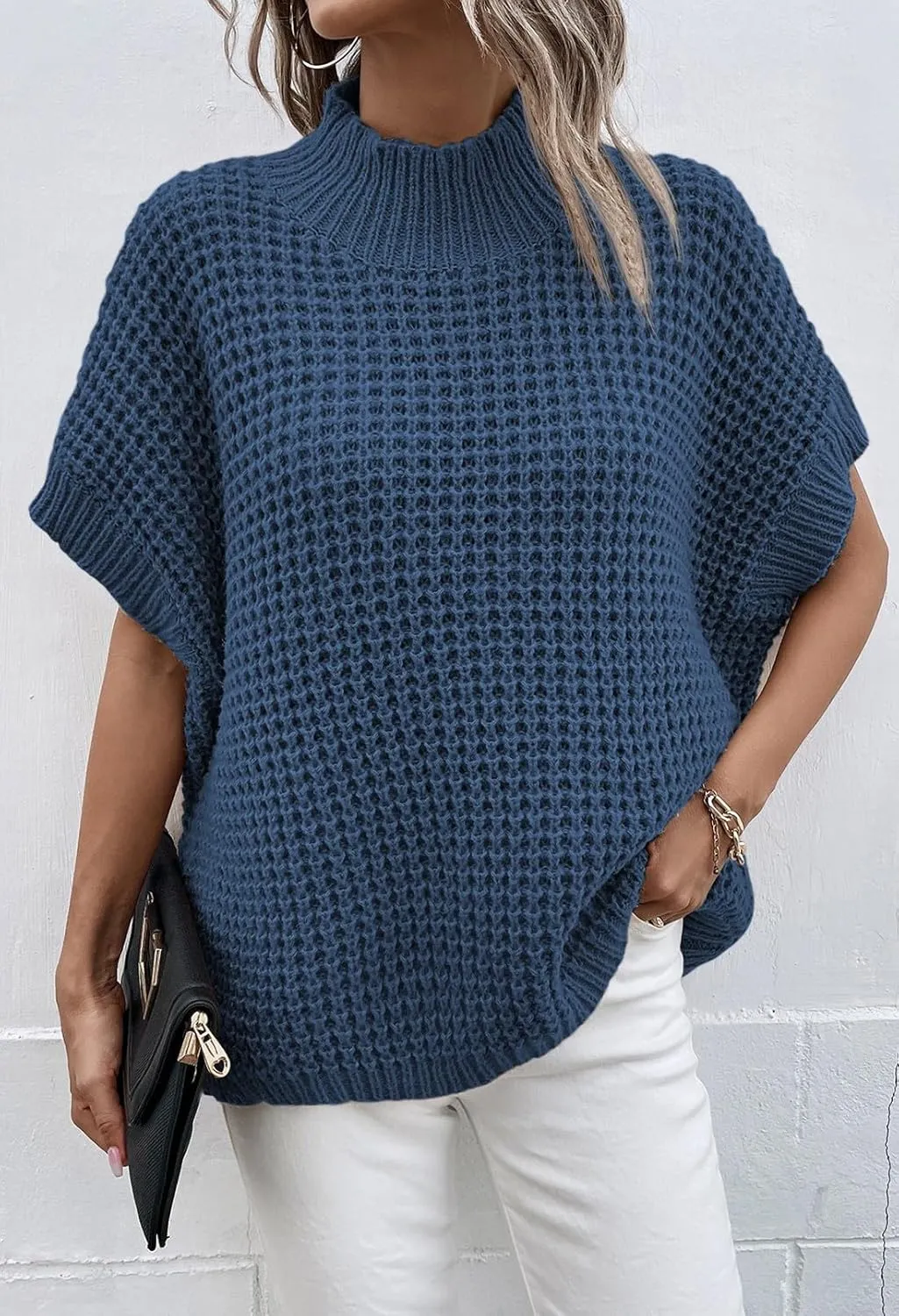 Viottiset Womens Oversized Short Batwing Sleeve Mock Neck Sweater Vest Fall Sleeveless Pullover Knit Sweaters