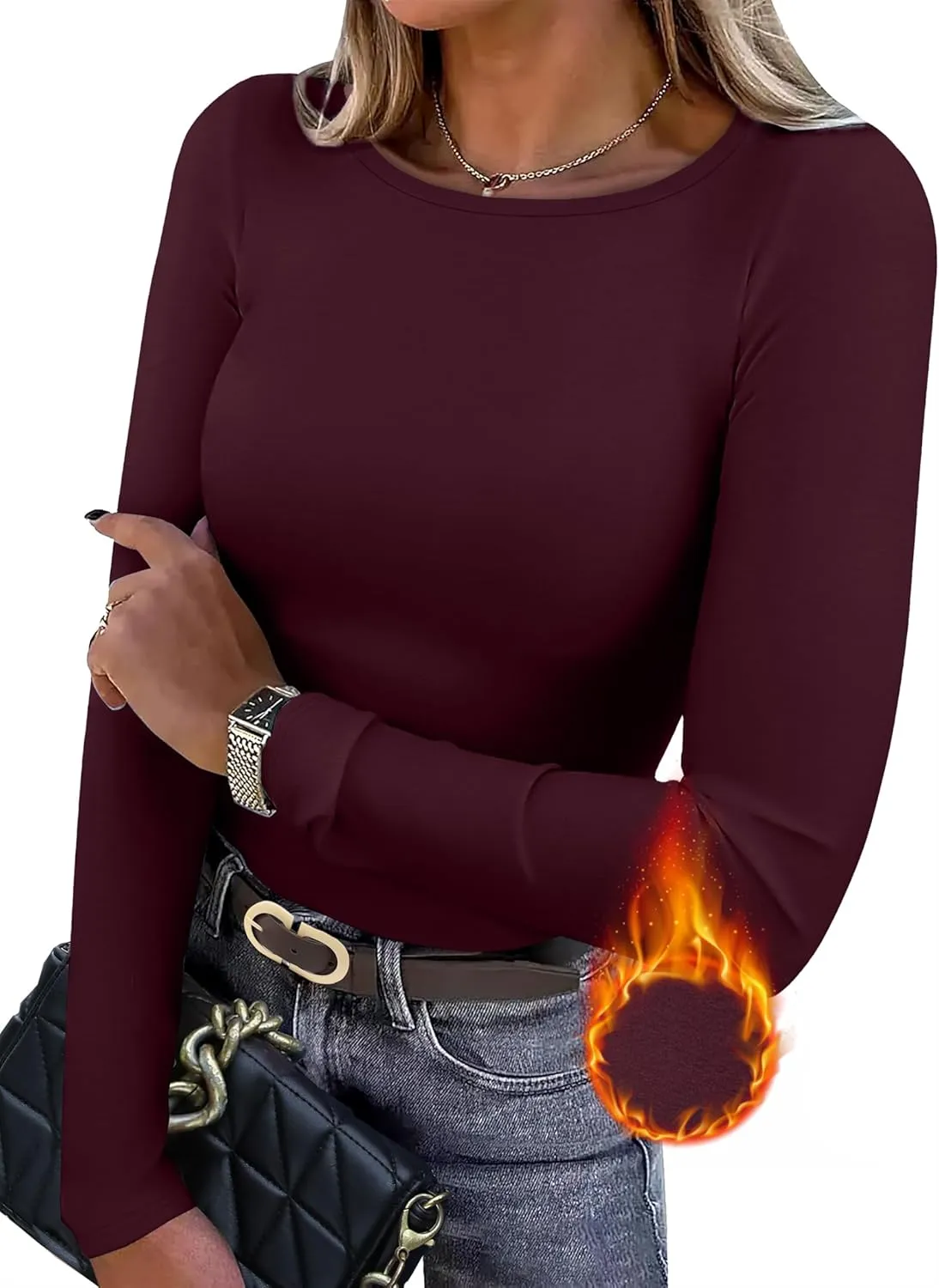 WIHOLL Long Sleeve Thermal Shirt for Women Light Fleece Tops Spring 2025 Crew Neck Casual Basic T-Shirts