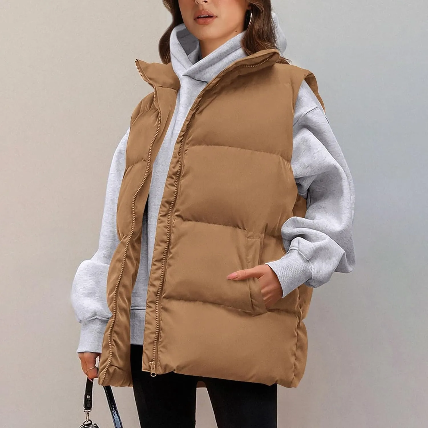 Winter Coats for Women Trendy Cropped Sleeveless Puffer Jacket Full Zip Padded Coat 2024 Casual Solid Versatile Outwear
