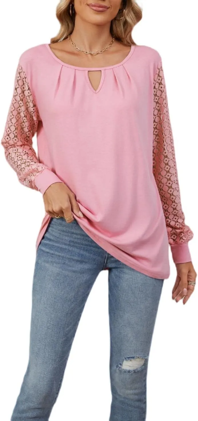 Women Autumn Winter Blouses, Solid Color Lace Patchwork Loose Long Sleeve Shirts, Lace Patchwork T-Shirt