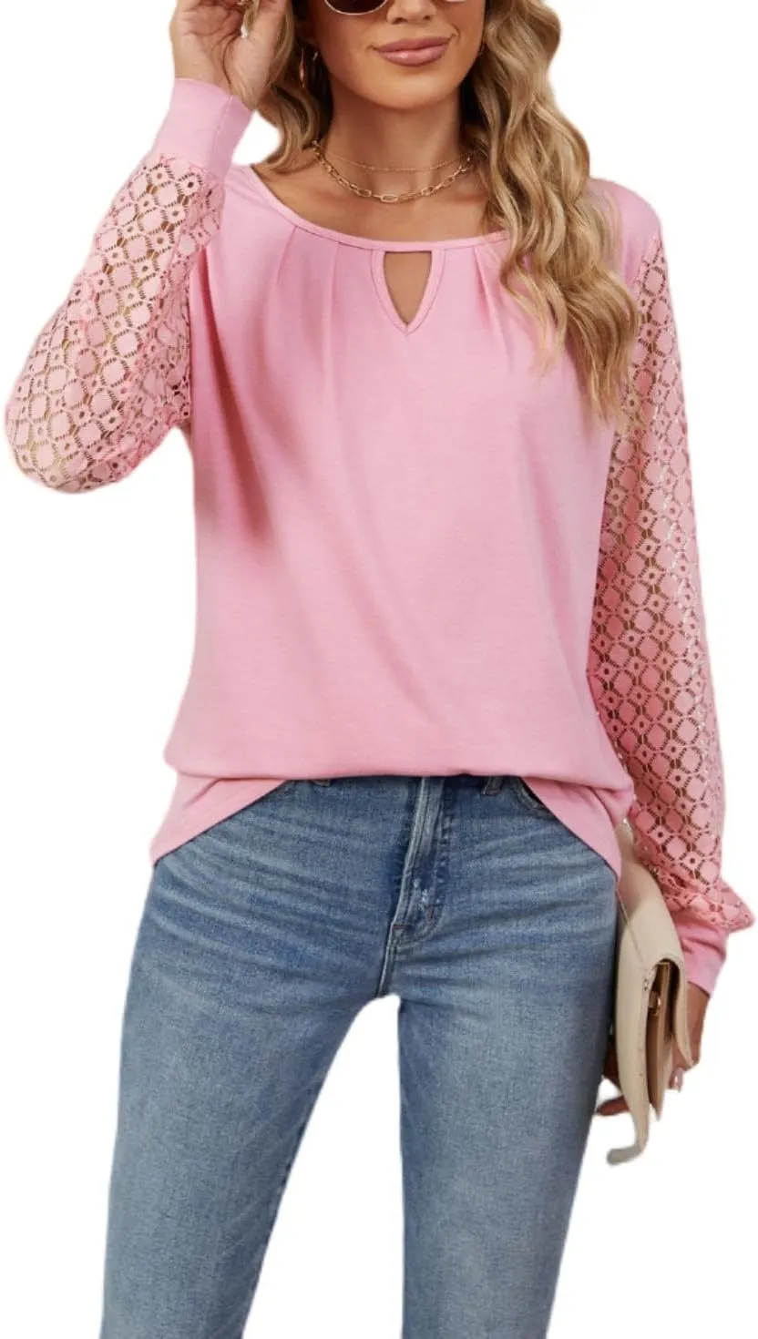 Women Autumn Winter Blouses, Solid Color Lace Patchwork Loose Long Sleeve Shirts, Lace Patchwork T-Shirt