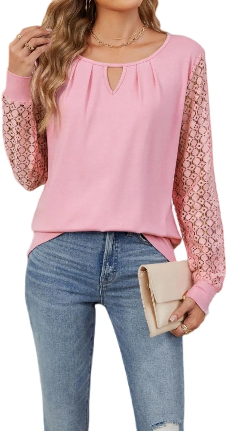 Women Autumn Winter Blouses, Solid Color Lace Patchwork Loose Long Sleeve Shirts, Lace Patchwork T-Shirt